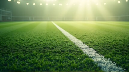 Obraz premium Lush Green Football Field with White Line and Bright Stadium Lights in Hazy Atmosphere