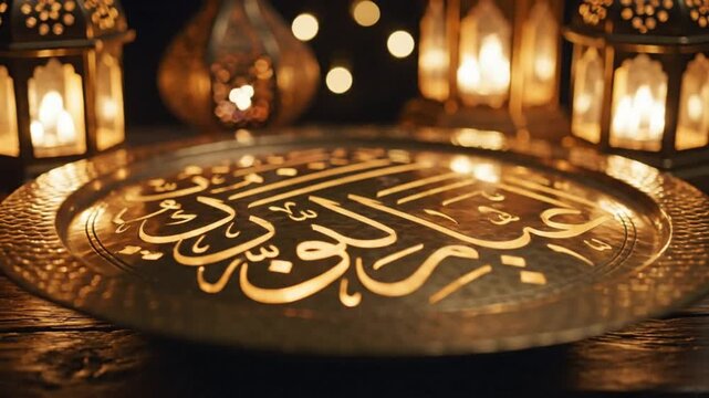 Golden Arabic calligraphy on a metallic plate surrounded by lanterns in a dimly lit setting