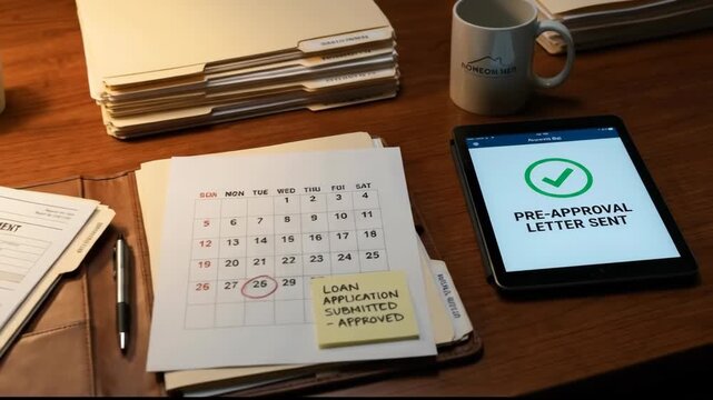 Well Organized Desk with Calendar, Tablet Showing Pre Approval, Loan Documents Conveying Organization and Progress