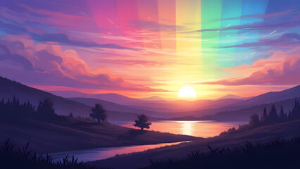 A stylized landscape illustration featuring a glowing sun setting behind mountains with a colorful rainbow sky reflected in a calm river