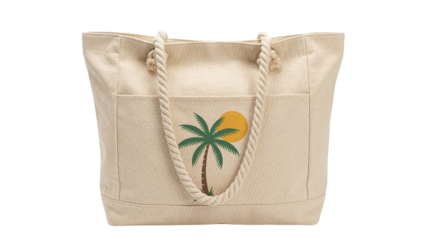 Beige canvas tote bag with palm tree design isolated on transparent background