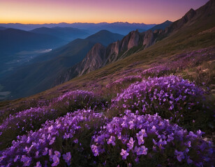 Fototapeta premium Mountains with purple flowers at sunset. A sunset in the mountains.