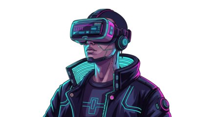 Futuristic man wearing virtual reality headset in neon lights
