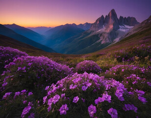 Obraz premium Mountains with purple flowers at sunset. A sunset in the mountains.