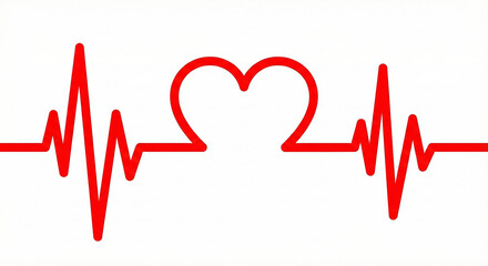 Red Heartbeat Line with Heart Shape Isolated on White Background - Medical ECG Pulse Rhythm and Cardiology Love Symbol Vector Illustration