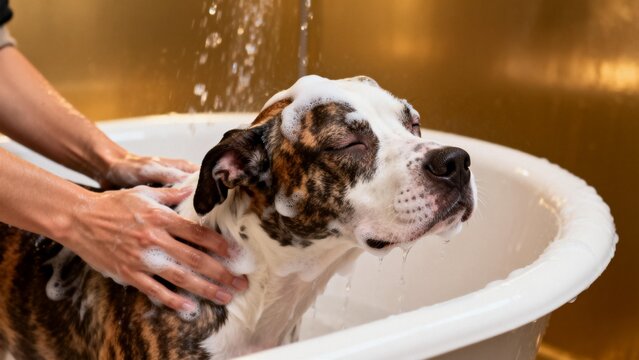 Dog being bathed in a tub - Powered by Adobe