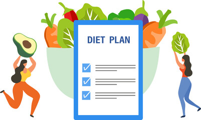 Healthy diet plan, woman eat healthy food and planning diet with fruit and vegetable 