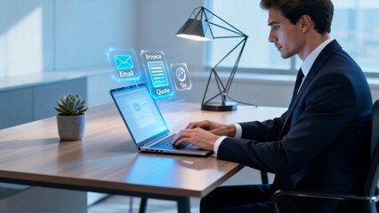 Businessman working on laptop with digital icons