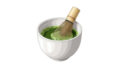 Matcha green tea in a white ceramic bowl with bamboo whisk