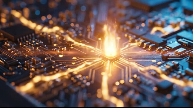 Glowing Microchip Circuit Board Illuminated Pathways Symbolize Advanced Technology, Innovation, and Connectivity with Intricate Electronic Components