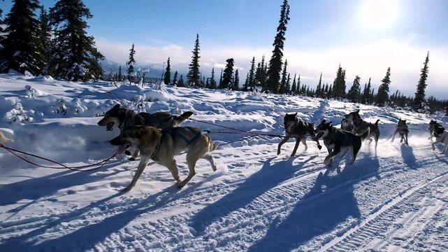 Alaska sled dog team running in the snow