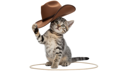 Cute tabby kitten wearing a brown cowboy hat and holding it up, sitting inside a lasso on a pure transparent background