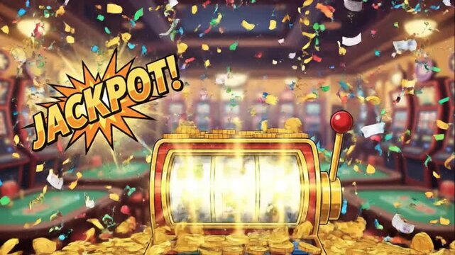 Animated Slot Machine Jackpot 777 Exploding Gold Coins and Confetti