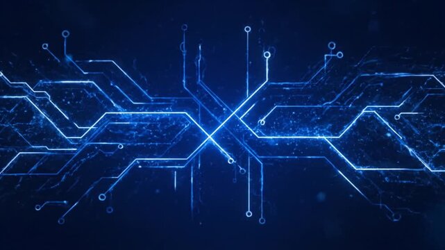 Abstract digital circuit board animation with blue glowing lines and particles