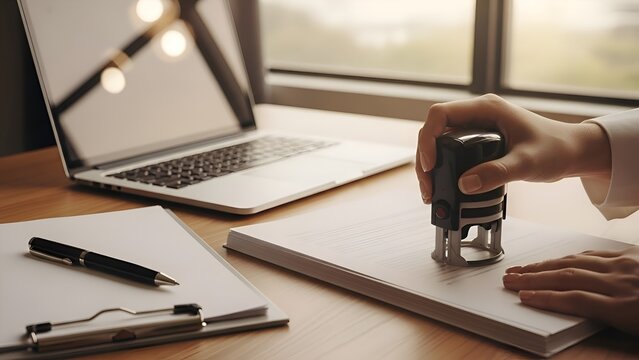 Close-up of a person stamping a document on a desk with a laptop.