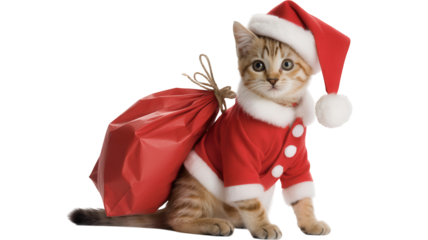 Cute kitten dressed in santa claus costume with red gift sack isolated on transparent background