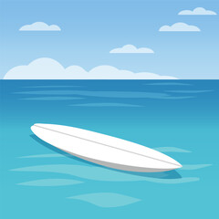 Minimal ocean illustration with a white surfboard floating on calm blue sea under a clear sky, perfect for summer, travel, or surfing themes.