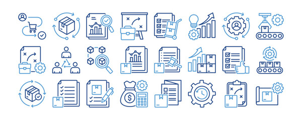 Product Lifecycle Management icon collection. Containing design Customer Journey, Lifecycle Stages, Performance Review, Business Strategy, Sourcing Strategy