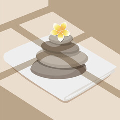 Zen spa illustration with stacked stones and a frangipani flower on a soft towel, calm minimal design for wellness, relaxation, and meditation themes.