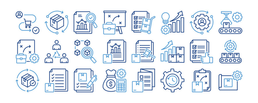 Product Lifecycle Management icon collection. Containing design Customer Journey, Lifecycle Stages, Performance Review, Business Strategy, Sourcing Strategy