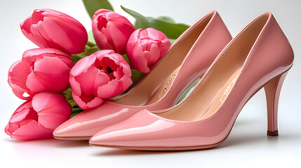 Pink high heels placed next to a bouquet of pink tulips on a white background in a well-lit space