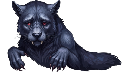 Fierce black panther with red eyes and sharp claws on black background