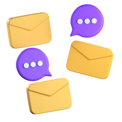 A set of flying 3D email envelopes and purple chat bubbles representing digital communication and newsletter services