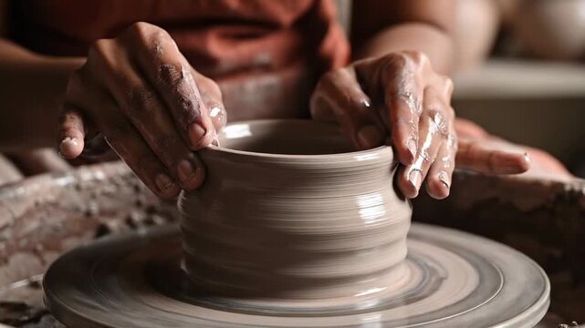 Close-up two clay-covered hands center and shape a spinning pot on a wet wheel, tactile focus anew