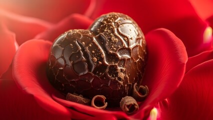 A heart-shaped chocolate truffle nestled in vibrant red rose petals with chocolate curls.
