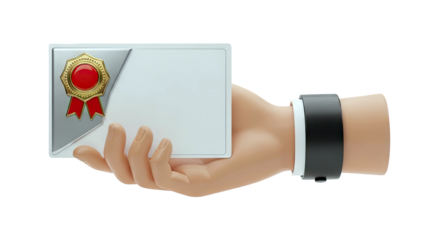 Hand holding a blank award certificate with red and gold ribbon