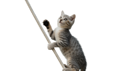 Adorable grey tabby kitten climbing a thick rope against a pure transparent background