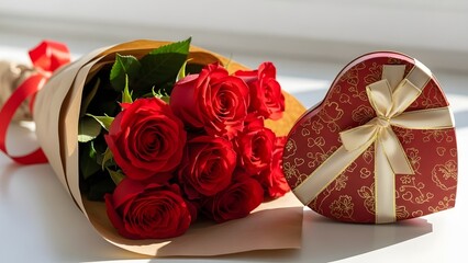 A beautiful bouquet of red roses wrapped in paper next to a heart-shaped gift box, perfect for a romantic occasion.