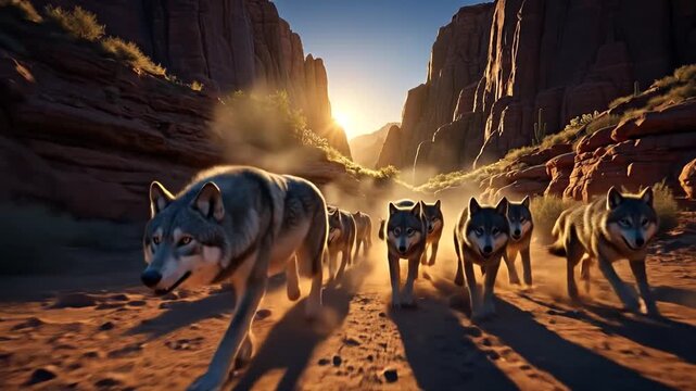 Wolf pack running fast through rugged desert canyon.