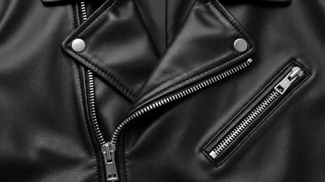 Close-up of a stylish black leather jacket with zippers and buttons.