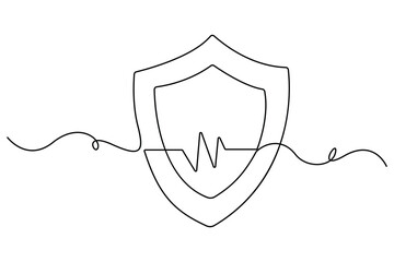 Continuous one line drawing of shield with heart and caring hand concept
