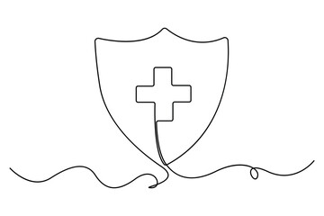 Continuous one line drawing of shield with heart and caring hand concept
