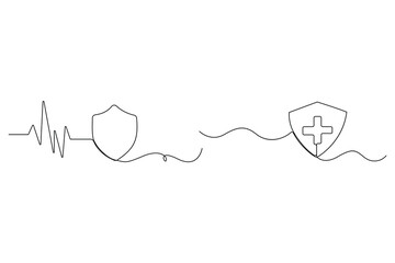 Continuous one line drawing of shield with heart and caring hand concept
