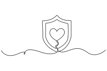 Continuous one line drawing of shield with heart and caring hand concept
