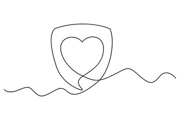 Continuous one line drawing of shield with heart and caring hand concept
