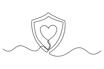 Continuous one line drawing of shield with heart and caring hand concept
