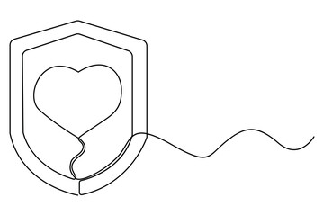 Continuous one line drawing of shield with heart and caring hand concept
