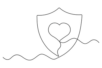 Continuous one line drawing of shield with heart and caring hand concept

