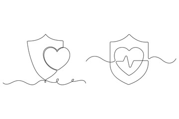 Continuous one line drawing of shield with heart and caring hand concept
