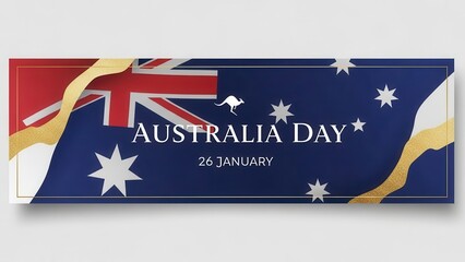 Australia Day Banner Illustration with Australian Flag, Gold Ribbons, and 'Australia Day 26 January' Text