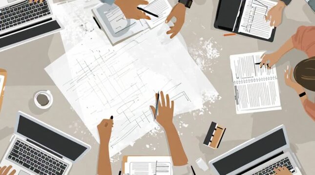 Diverse team collaborating on blueprints and laptops around a table with coffee cups and documents