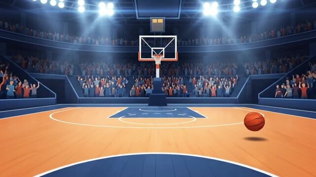 Basketball stadium with bouncing ball and cheering crowd