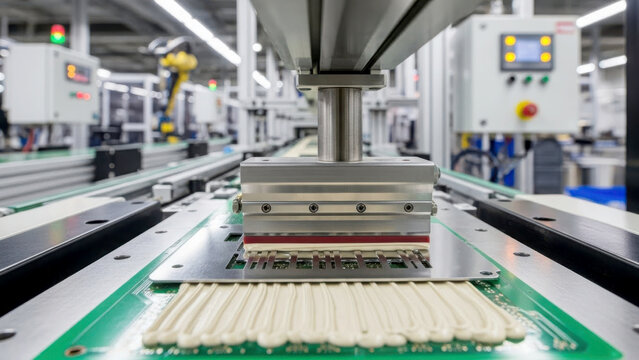 A machine presses down on a circuit board as white glue is applied in multiple rows, part of an automated factory production line for electronics manufacturing.