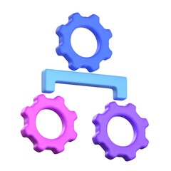 Three interconnected gears arranged in a hierarchical structure representing workflow and system organization