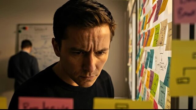 Focused Man Examines Wall Covered in Colorful Sticky Notes, Brainstorming and Planning Ideas in Collaborative Office Environment