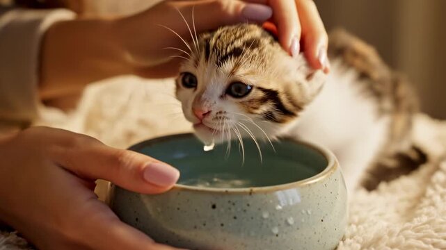 Tabby kitten drinks from a ceramic bowl while a gentle hand pets its head on a cozier blanket softly